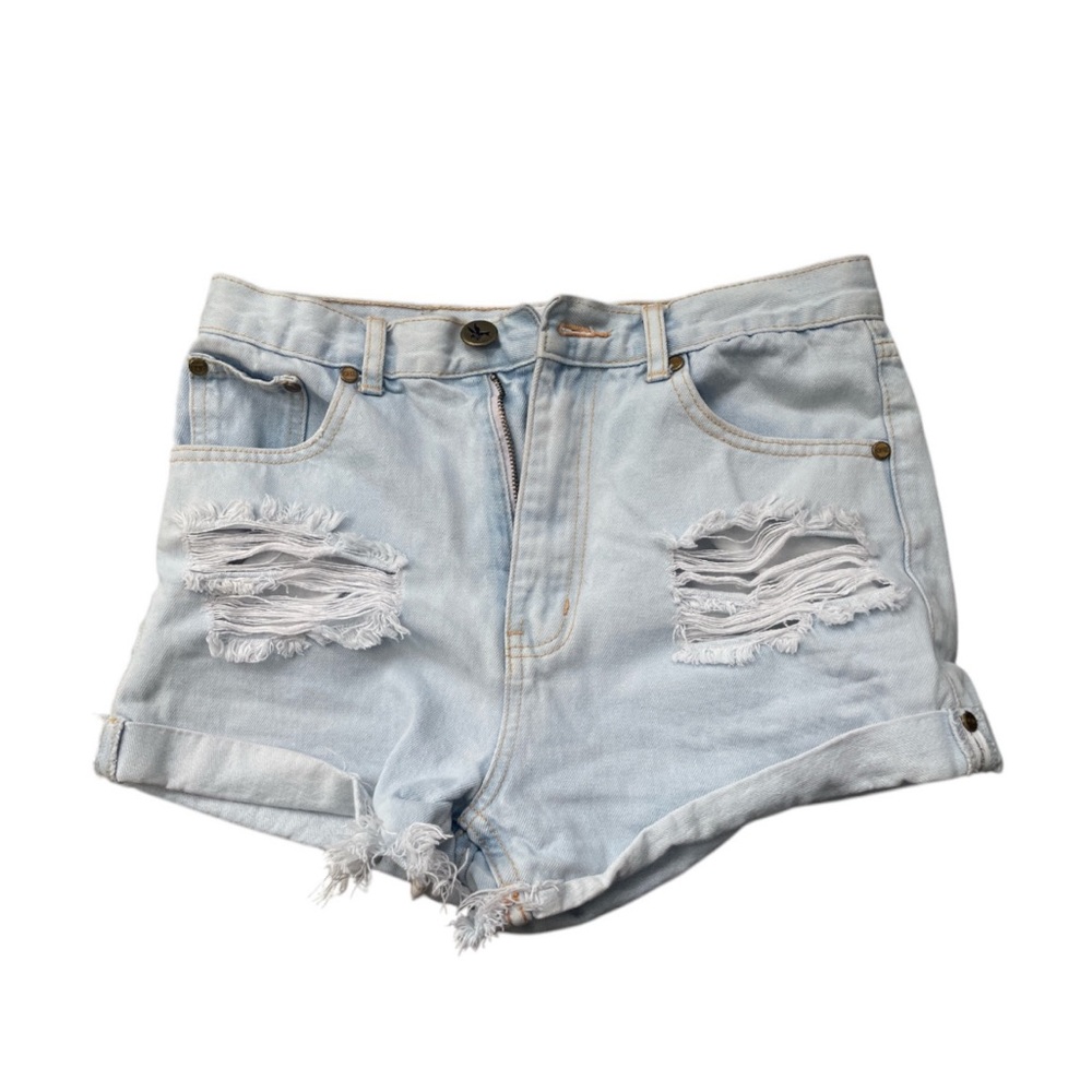 One Teaspoon x Free People Outlaws Light Blue Distressed Denim Shorts Sz 26